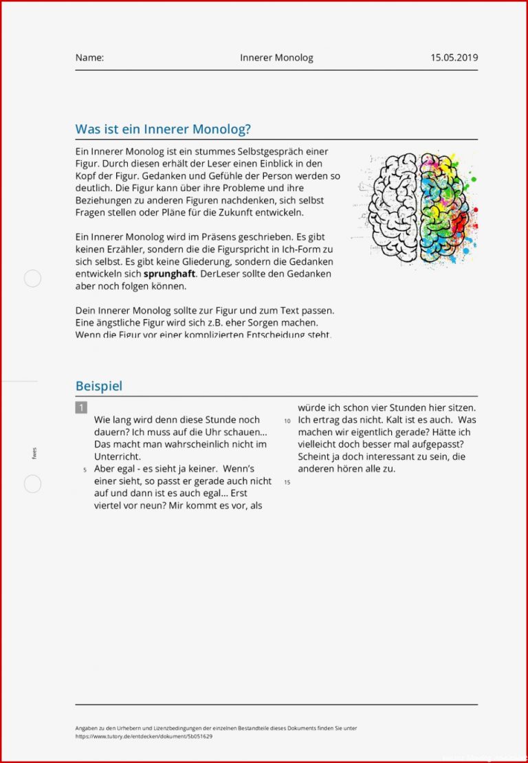 Arbeitsblatt Innerer Monolog tutory