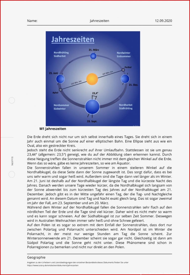 Arbeitsblatt Jahreszeiten Geographie Tutory