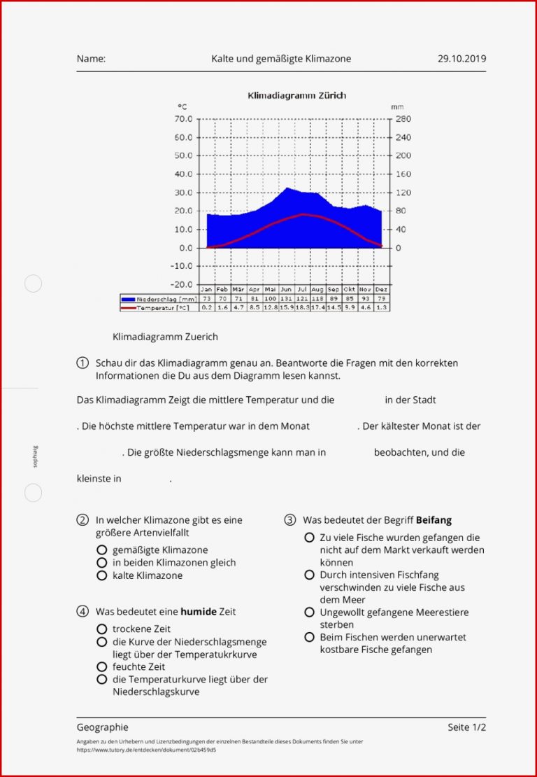 Arbeitsblatt Kalte und gemäßigte Klimazone Geographie