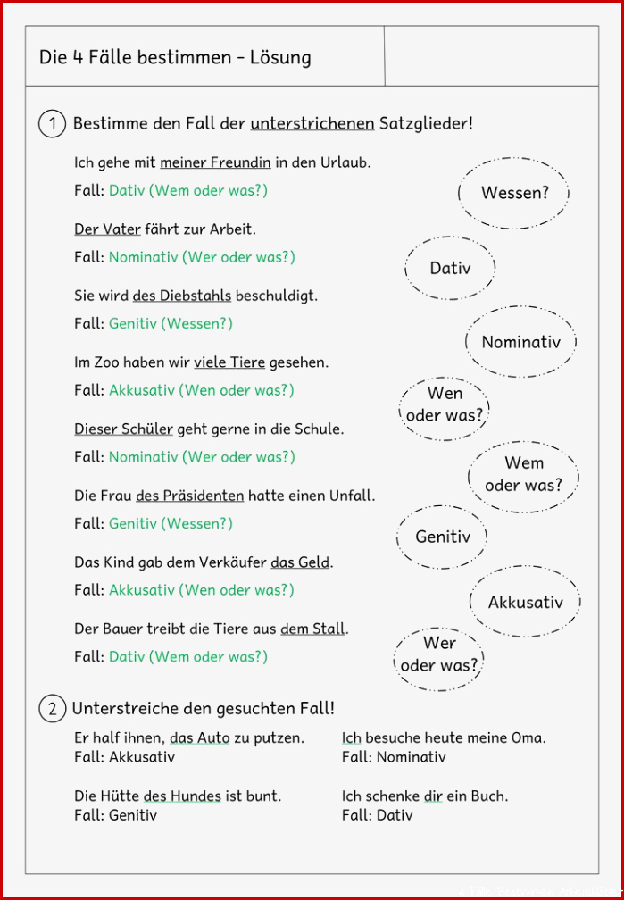 Arbeitsblatt Kasus bestimmen mit Lösung