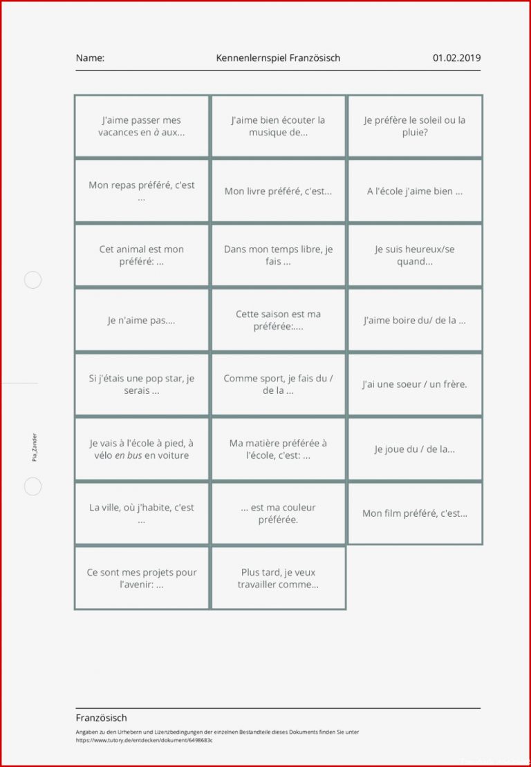 Arbeitsblatt Kennenlernspiel Französisch Französisch