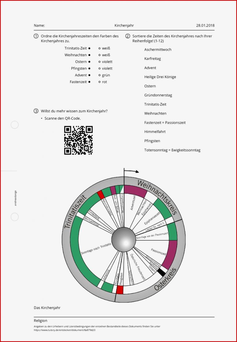 Arbeitsblatt Kirchenjahr Religion Tutory