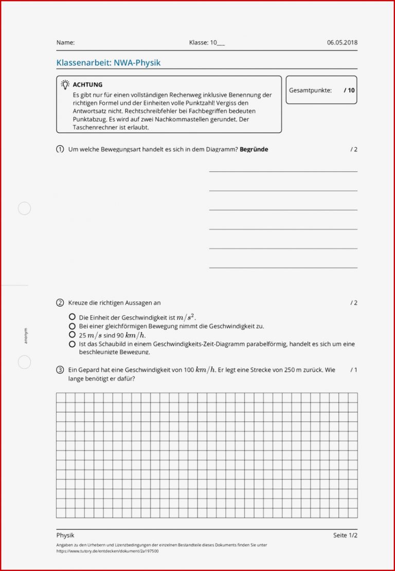 Arbeitsblatt Klasse 10 Physik Mittlere Reife