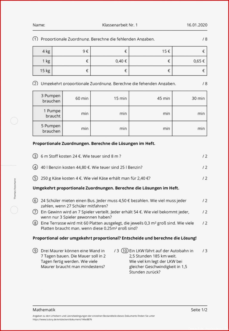 Arbeitsblatt Klassenarbeit Nr 1 Mathematik