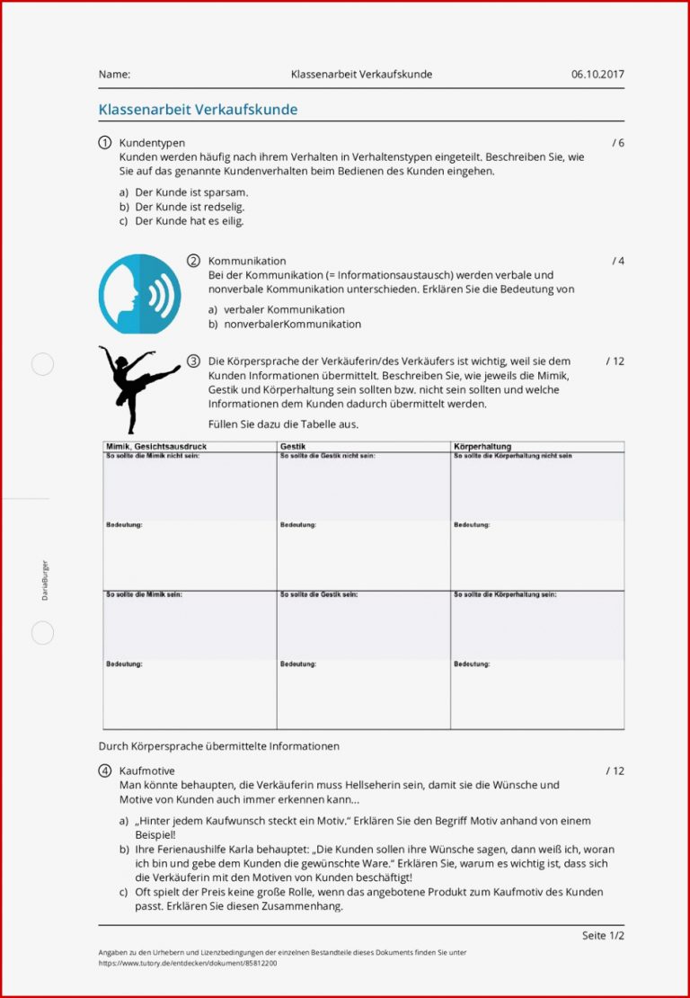 Arbeitsblatt Klassenarbeit Verkaufskunde Tutory