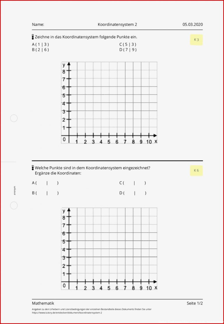 Arbeitsblatt Koordinatensystem 2 Mathematik Mittlere