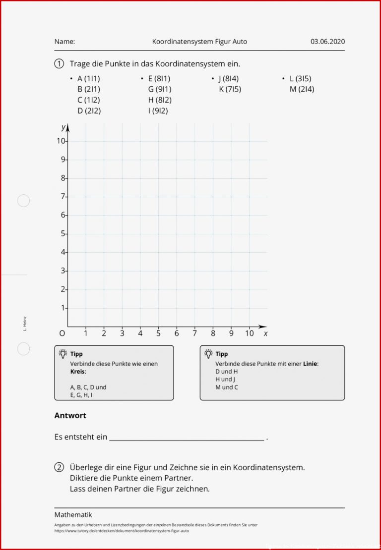 Arbeitsblatt Koordinatensystem Figur Auto Mathematik