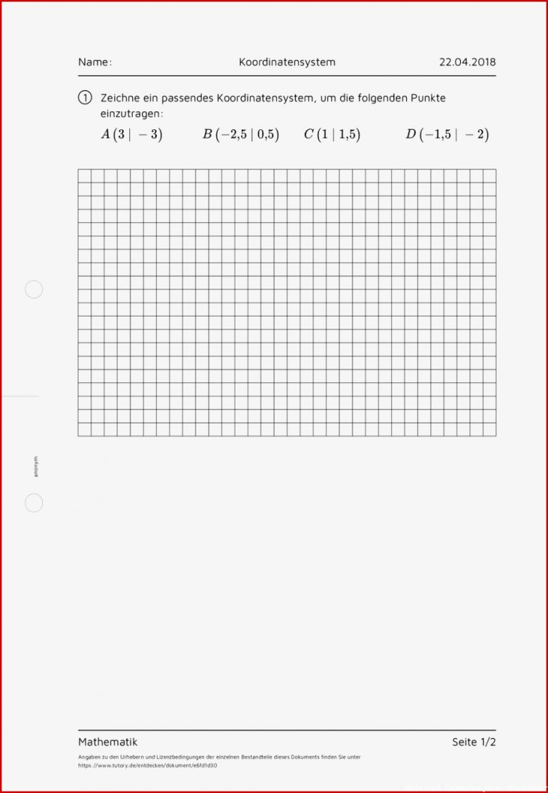 Arbeitsblatt Koordinatensystem Mathematik Mittlere