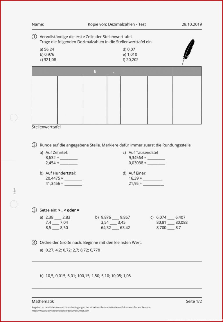 Arbeitsblatt Kopie Von Dezimalzahlen Test