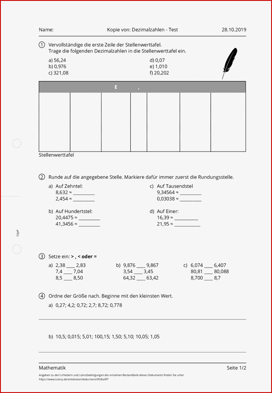 Arbeitsblatt Kopie Von Dezimalzahlen Test