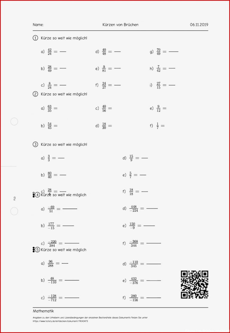 Arbeitsblatt Kürzen Von Brüchen Mathematik