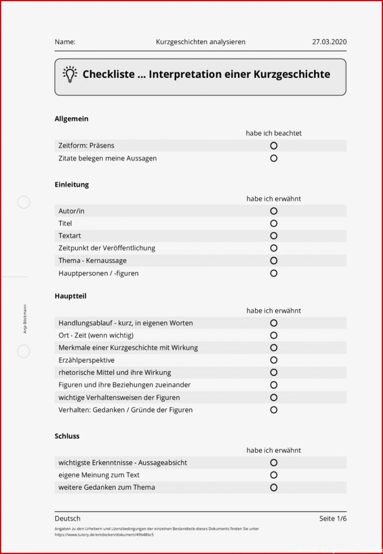 Arbeitsblatt Kurzgeschichten analysieren Deutsch