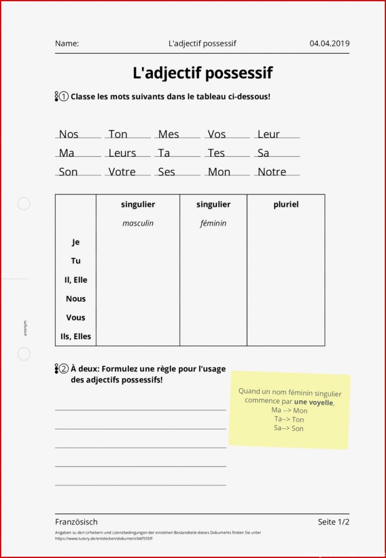 Arbeitsblatt L adjectif possessif Französisch tutory