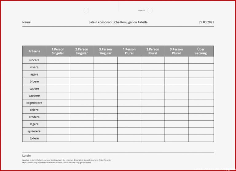 Arbeitsblatt Latein konsonantische Konjugation Tabelle