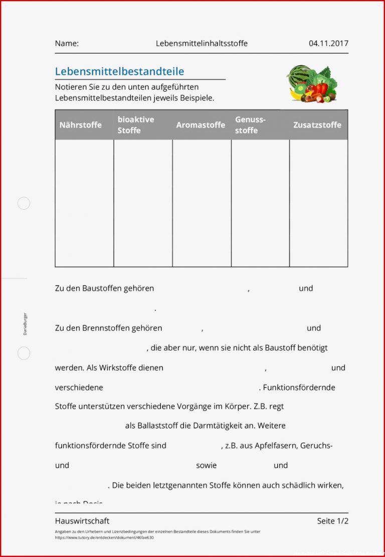 Arbeitsblatt Lebensmittelinhaltsstoffe Hauswirtschaft