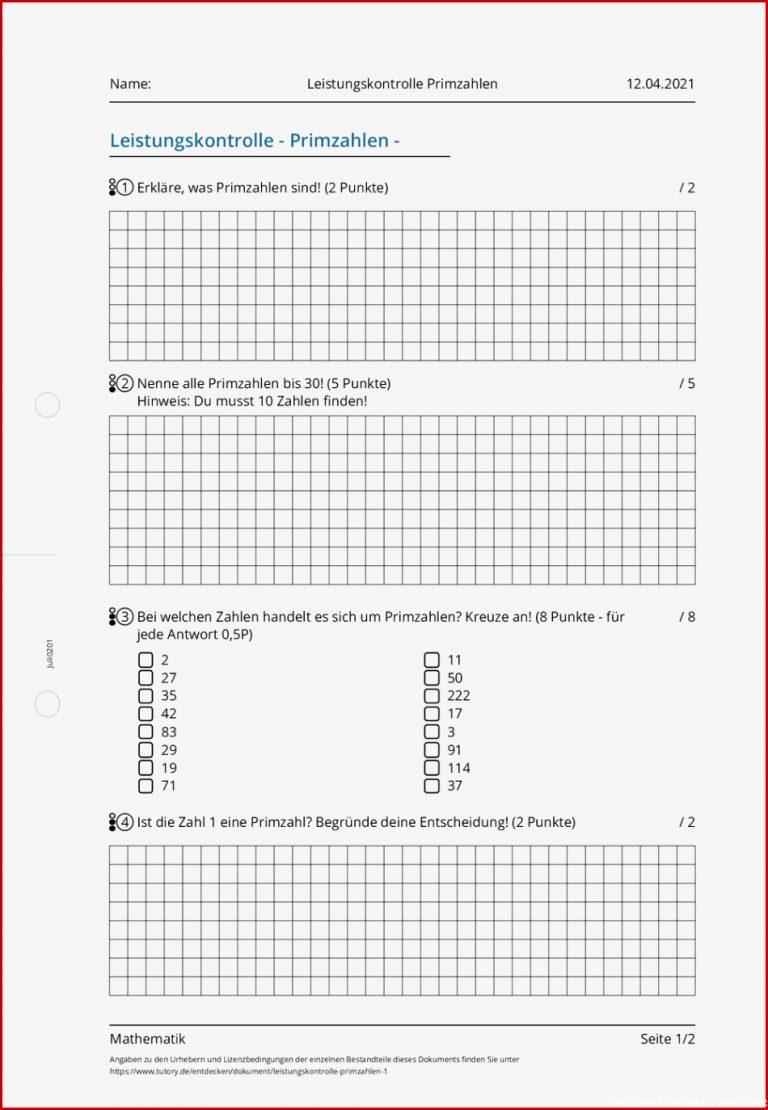 Arbeitsblatt Leistungskontrolle Primzahlen Mathematik