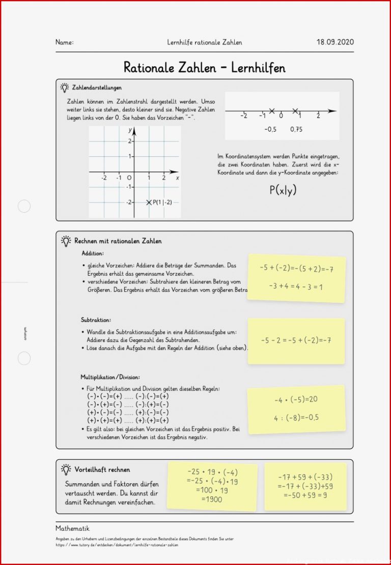 Arbeitsblatt Lernhilfe rationale Zahlen Mathematik