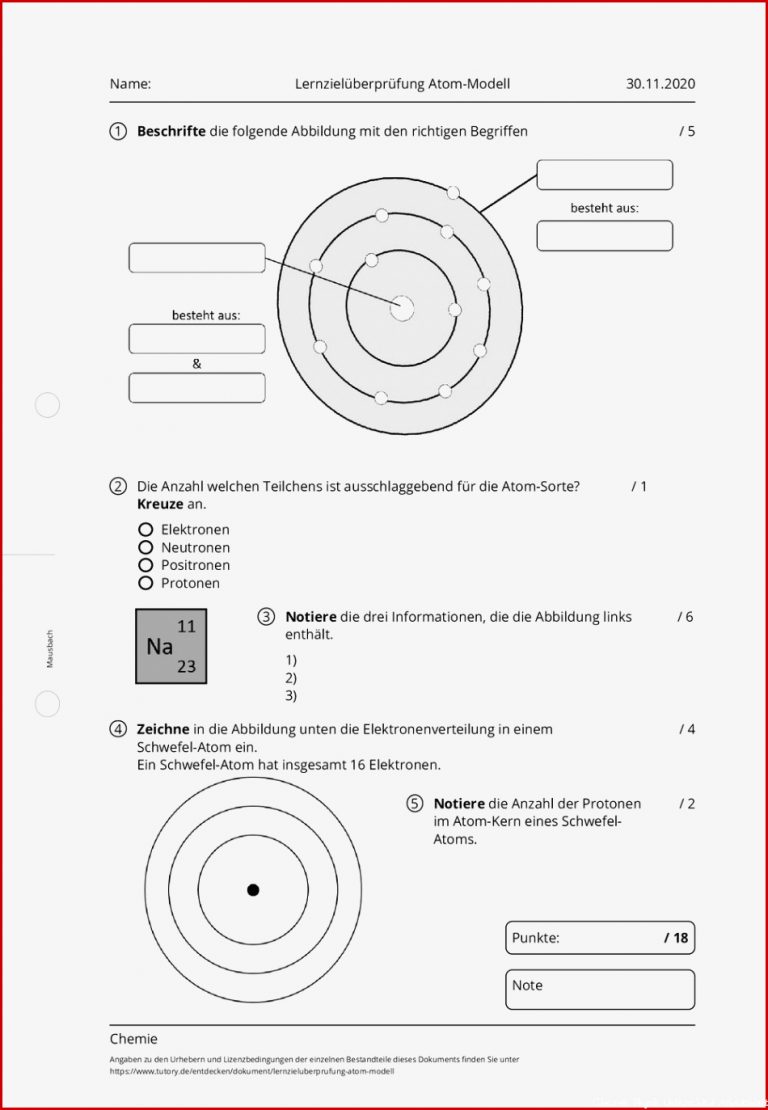 Arbeitsblatt Lernzielüberprüfung Atom Modell Chemie