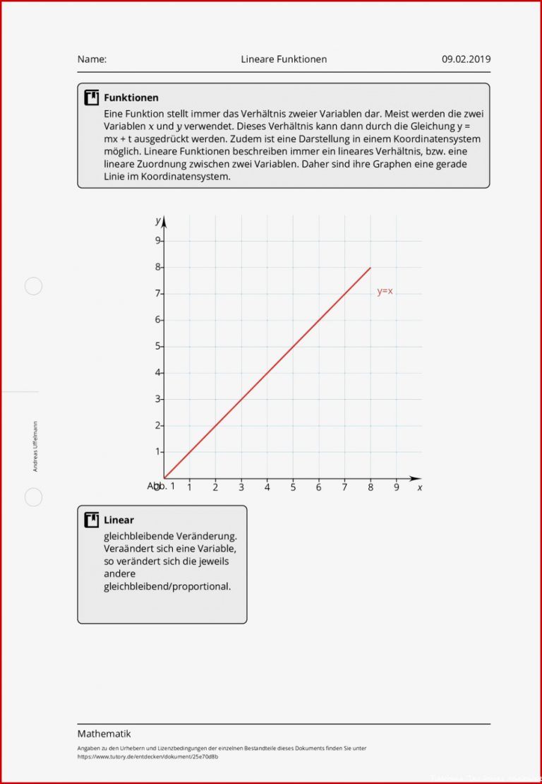 Arbeitsblatt Lineare Funktionen Mathematik Tutory