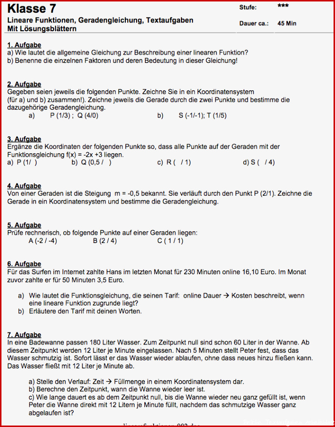 Arbeitsblatt lineare Funktionen mit Textaufgaben