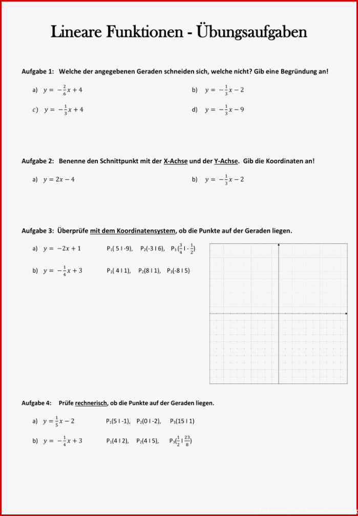 Arbeitsblatt Lineare Funktionen Übungsaufgaben