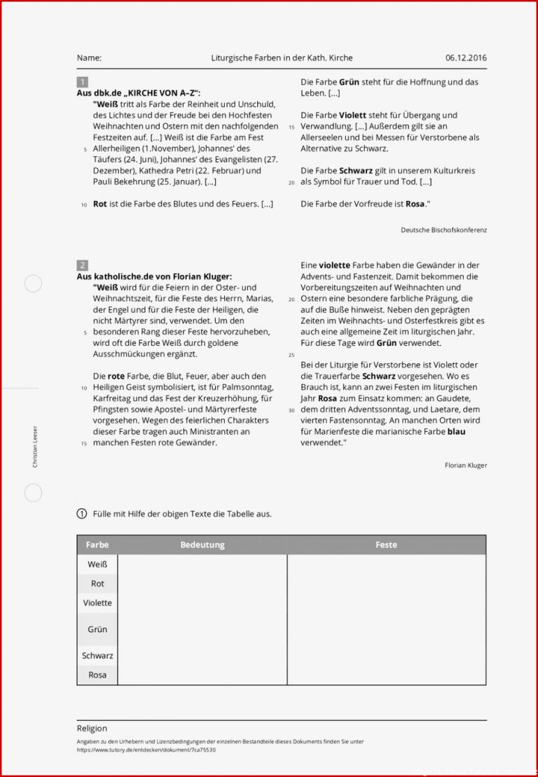 Arbeitsblatt Liturgische Farben in der Kath Kirche Kostenlosen Download Arbeitsblatt Liturgische Farben in der Kath Kirche