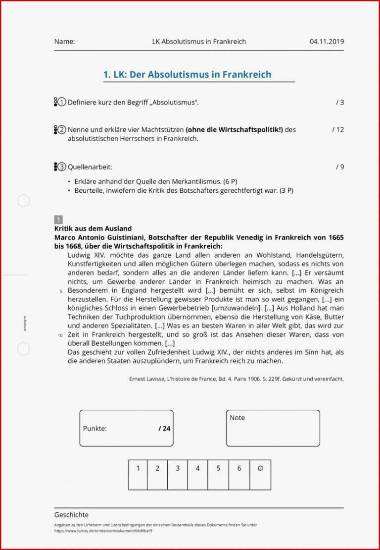 Arbeitsblatt LK Absolutismus in Frankreich Geschichte