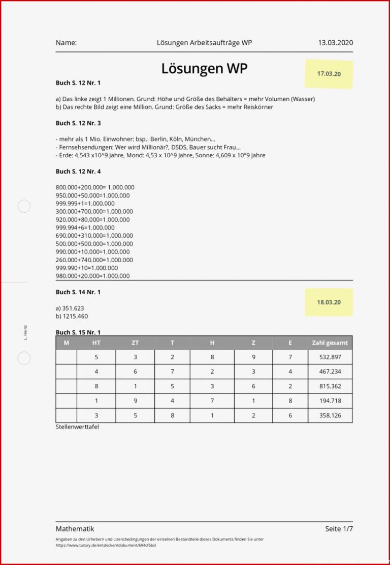 Arbeitsblatt Lösungen Arbeitsaufträge WP Mathematik