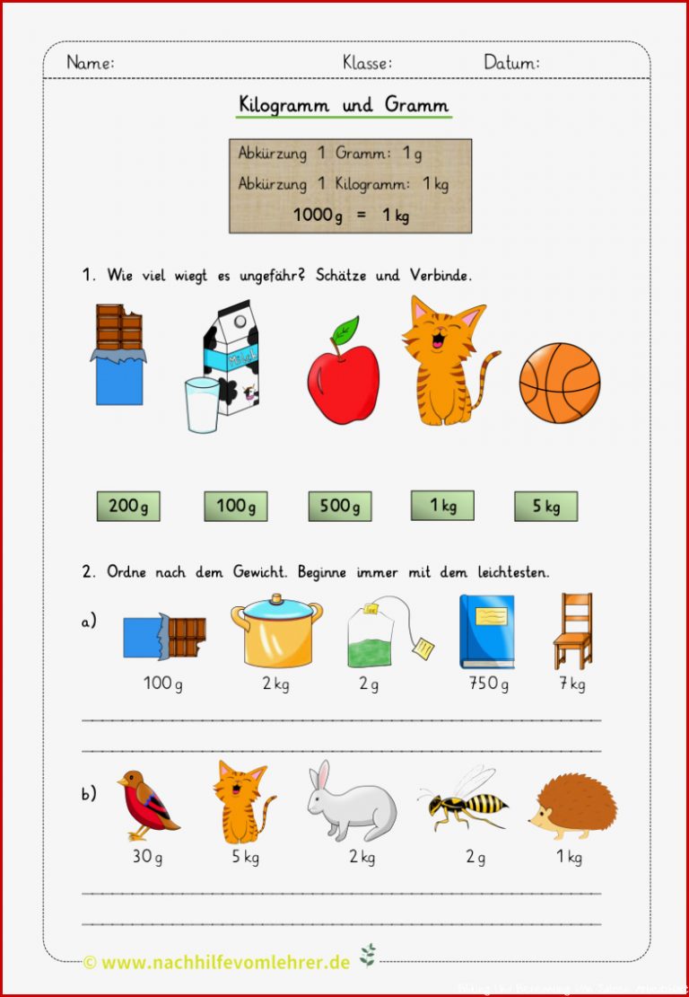 Arbeitsblatt Mathe Gramm Und Kilogramm Klasse 3 Kostenlos