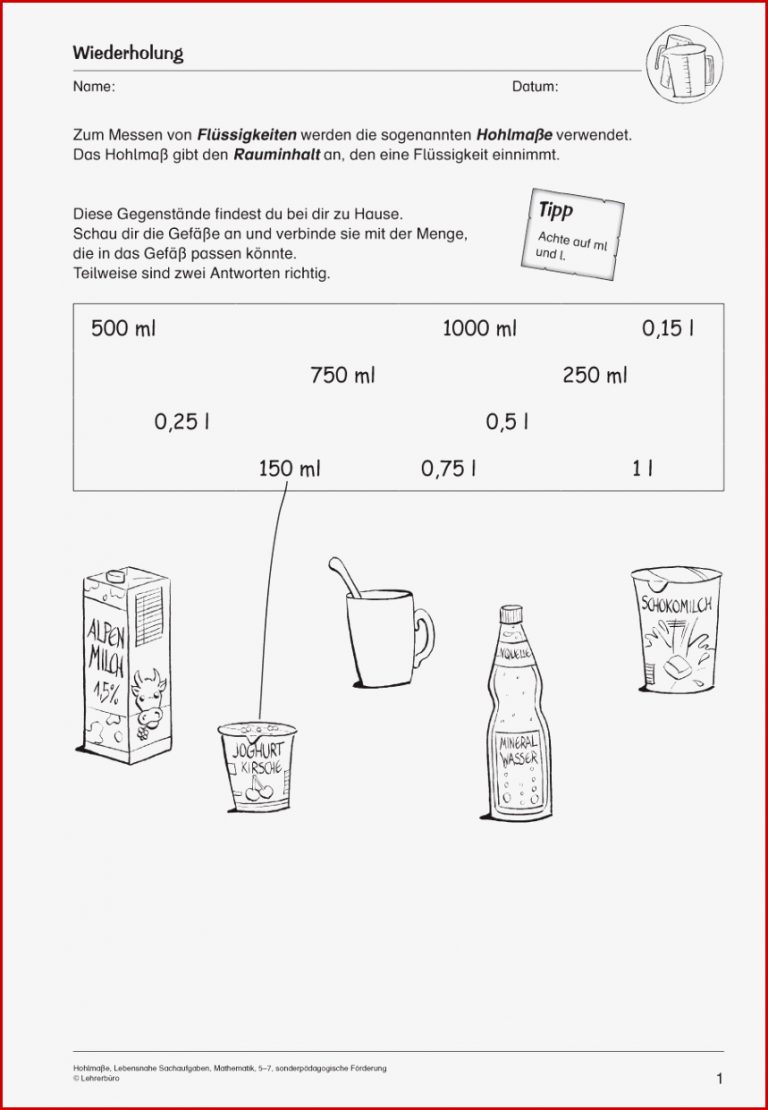 Arbeitsblatt mathe liter · Sonderpädagogik Lehrerbüro