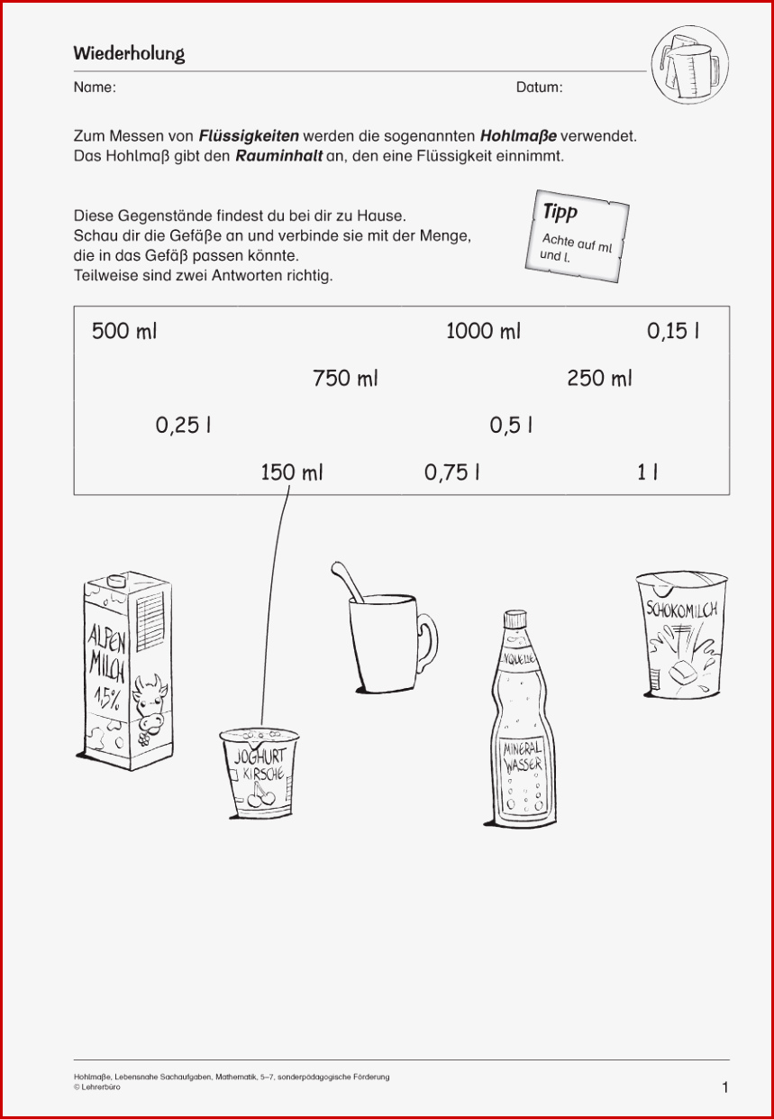 Arbeitsblatt Mathe Liter · sonderpädagogik Lehrerbüro