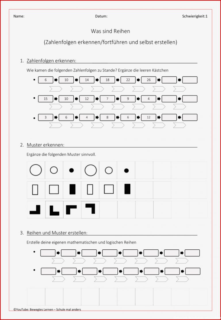 Arbeitsblatt Mathe Reihen Stufe Leicht