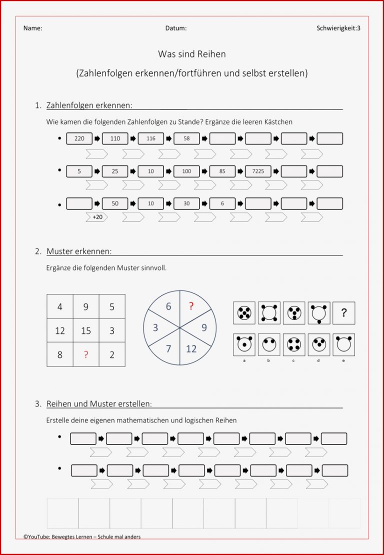 Arbeitsblatt Mathe Reihen Stufe Schwer