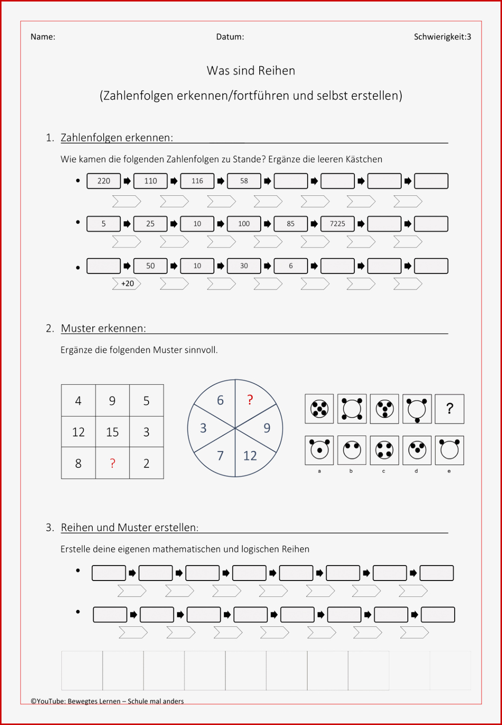 Arbeitsblatt Mathe Reihen Stufe Schwer