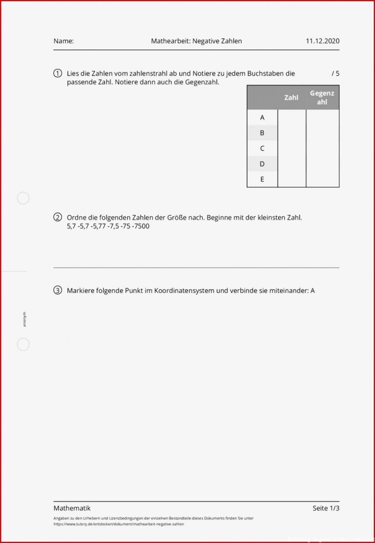 Arbeitsblatt Mathearbeit Negative Zahlen Mathematik