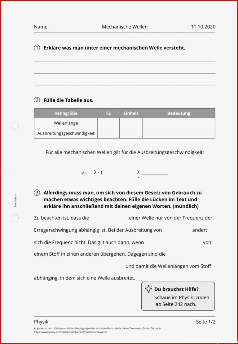 Arbeitsblatt Mechanische Wellen Physik tutory