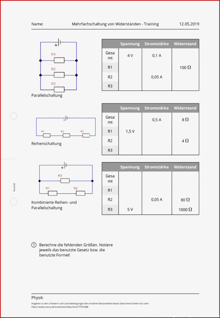 Arbeitsblatt Mehrfachschaltung Von Widerständen