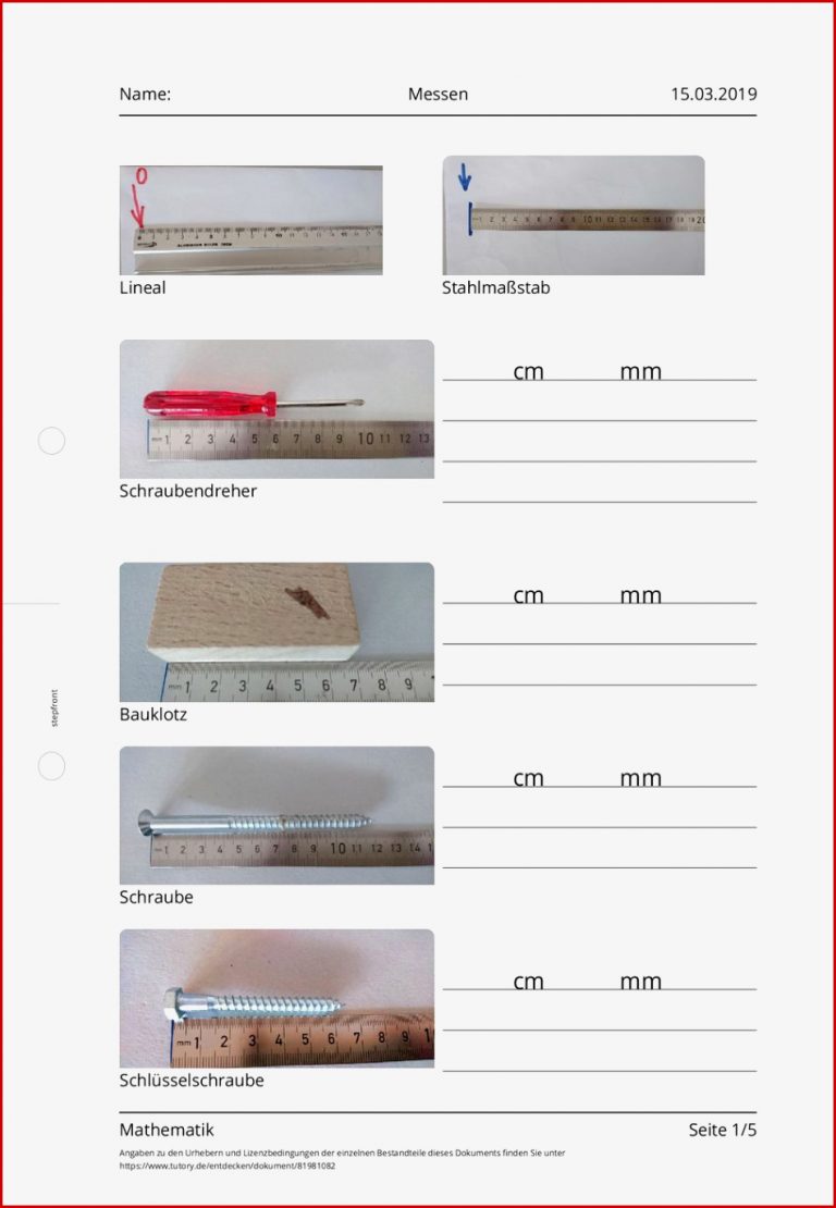 Arbeitsblatt Messen Mathematik tutory