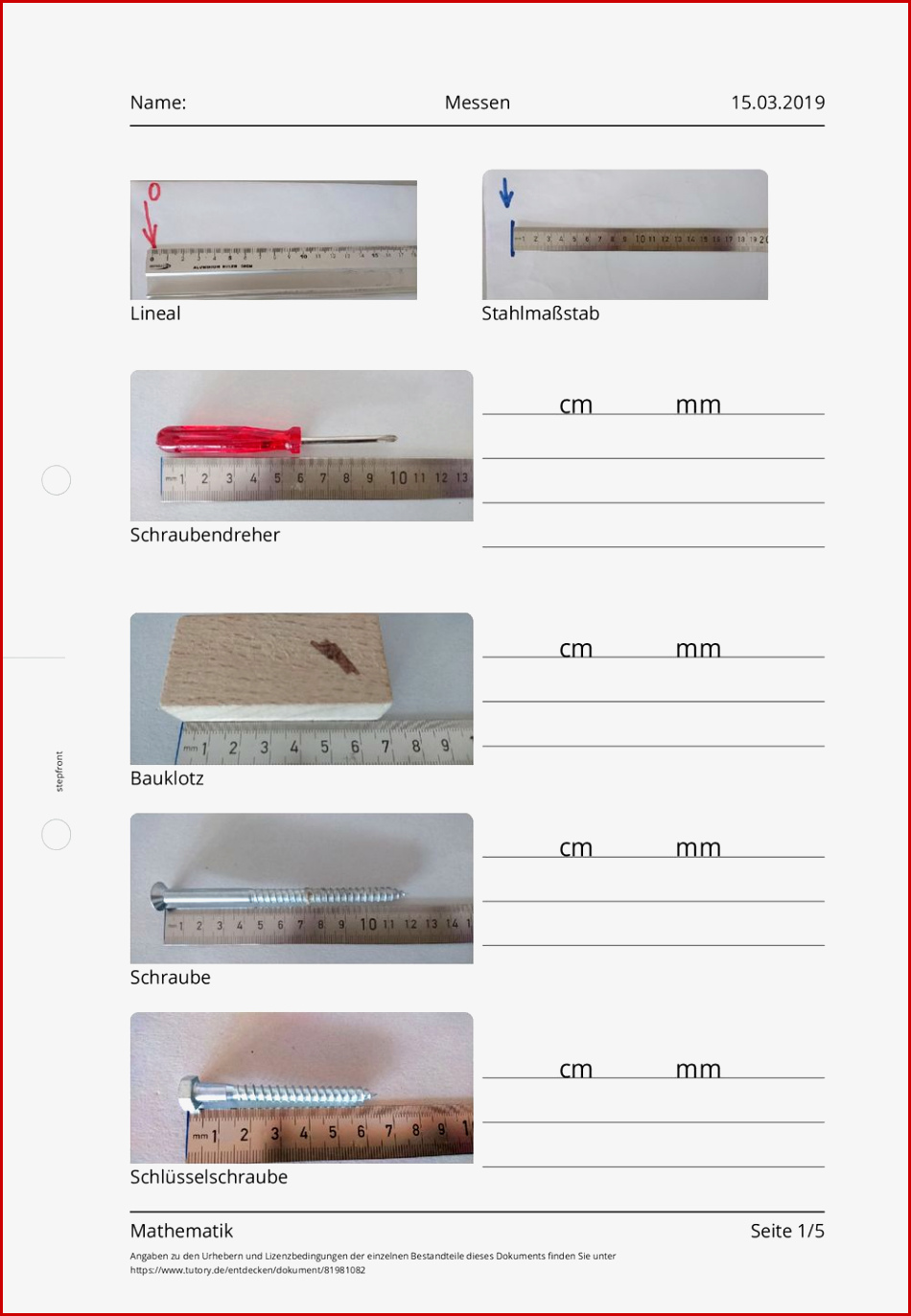 Arbeitsblatt Messen Mathematik Tutory