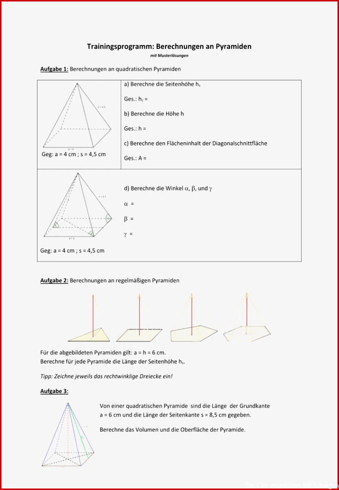 Arbeitsblatt mit Lösungen Berechnungen an Pyramiden