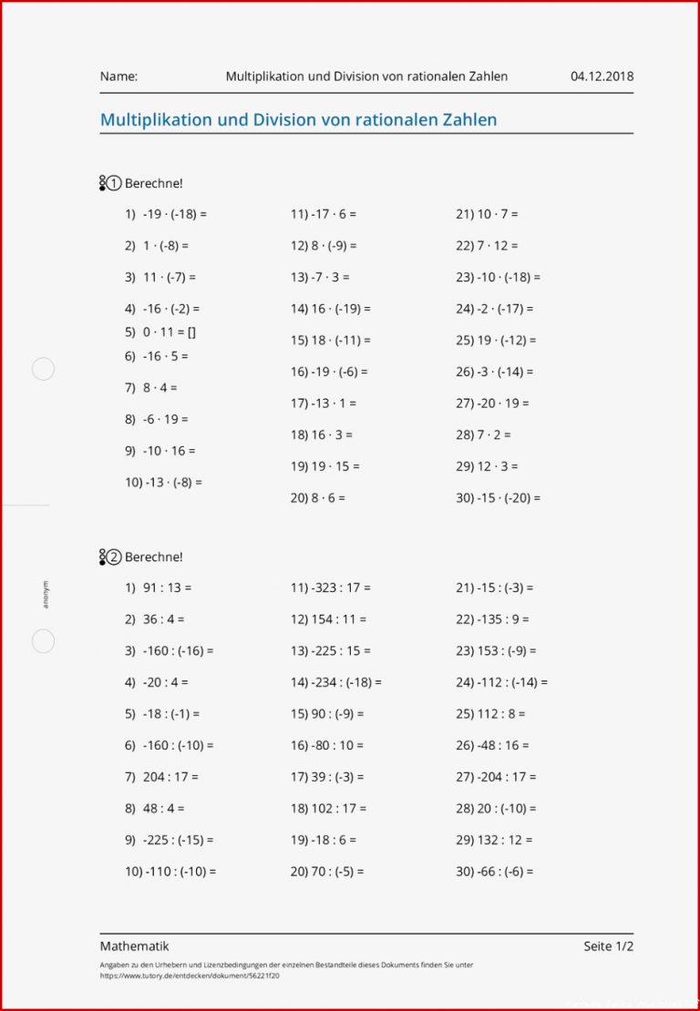 Arbeitsblatt Multiplikation Und Division Von Rationalen
