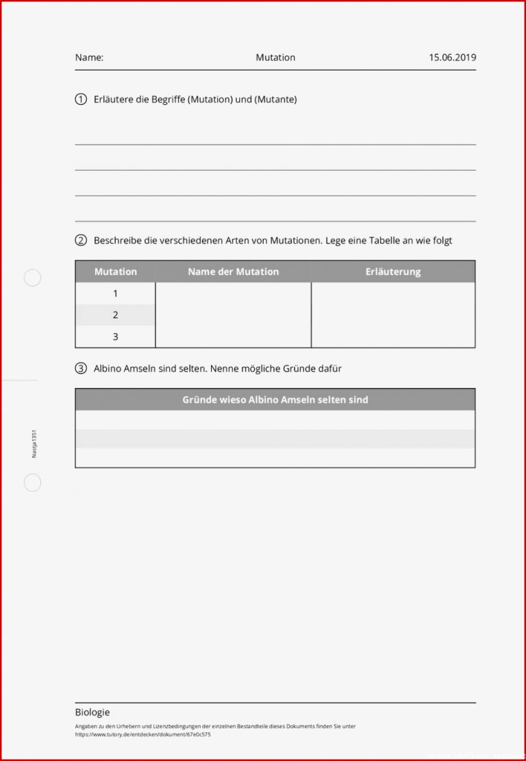 Arbeitsblatt Mutation Biologie Tutory