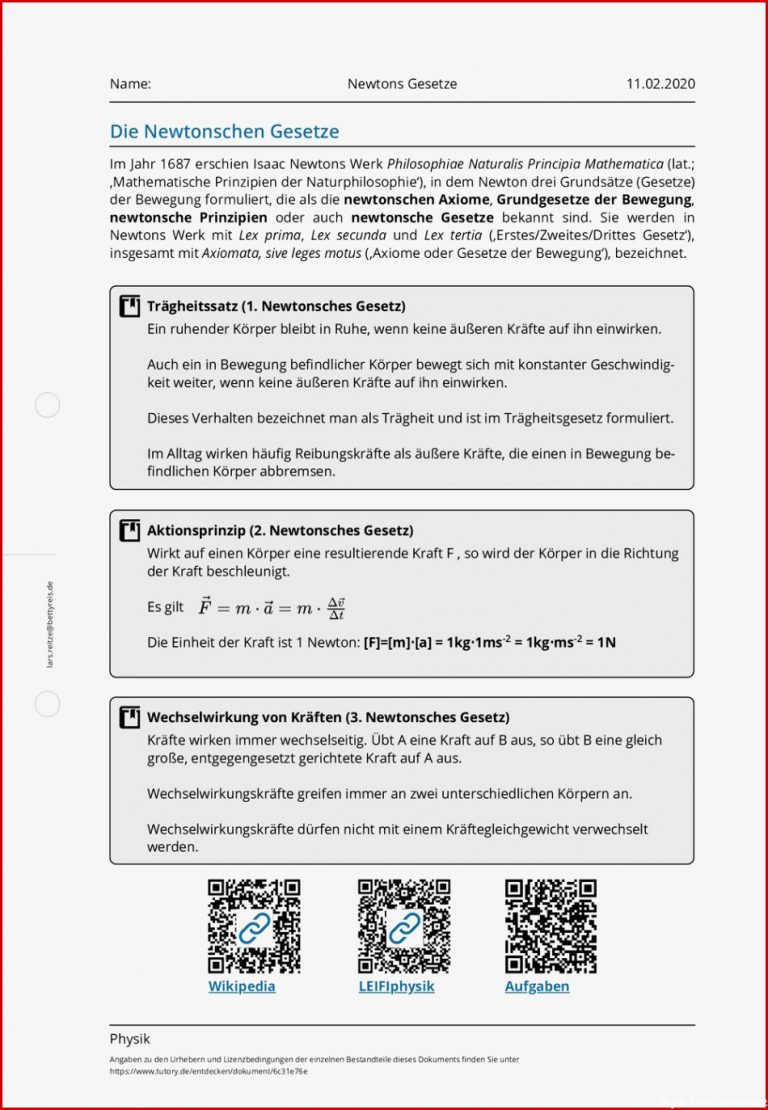 Arbeitsblatt Newtons Gesetze Physik tutory