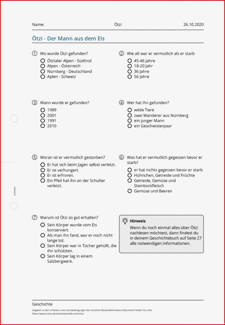 Arbeitsblatt Ötzi Geschichte tutory