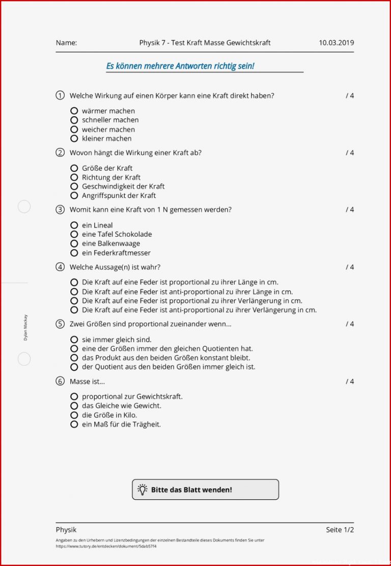 Arbeitsblatt Physik 7 Test Kraft Masse Gewichtskraft