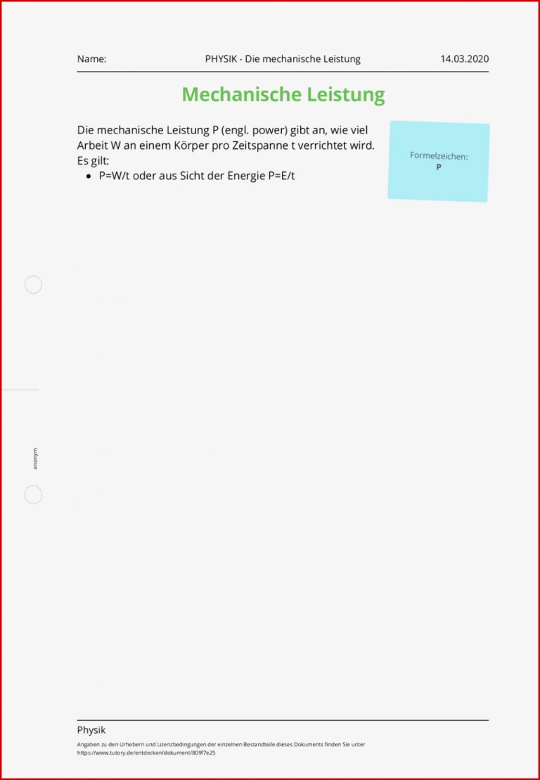 Arbeitsblatt PHYSIK Die mechanische Leistung Physik