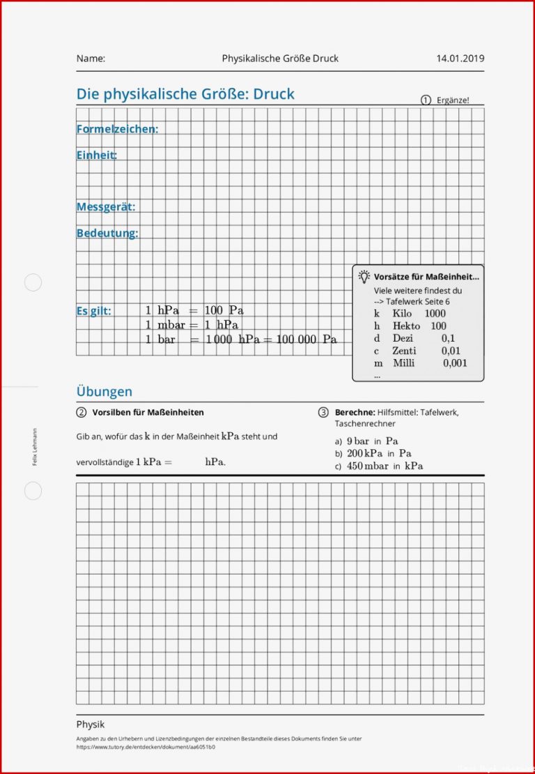 Arbeitsblatt Physikalische Größe Druck Physik