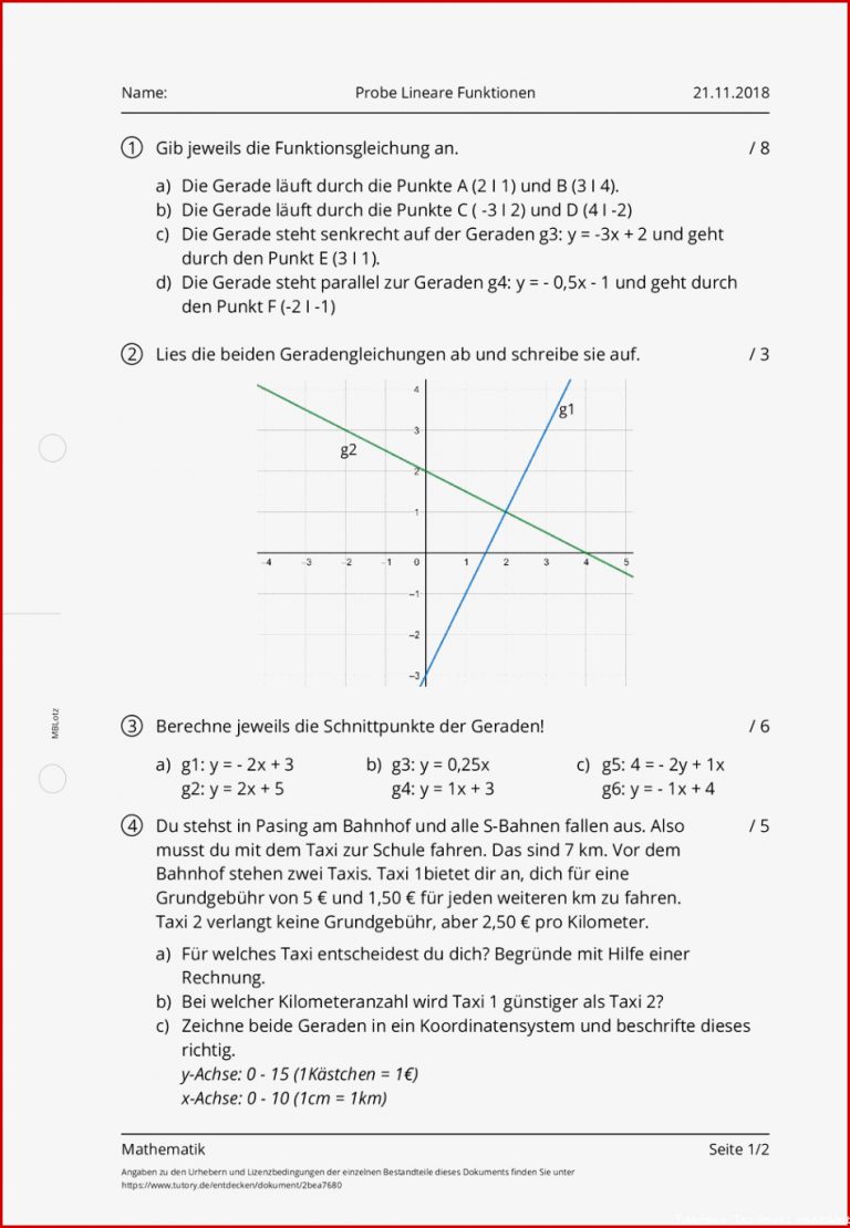 Arbeitsblatt Probe Lineare Funktionen Mathematik