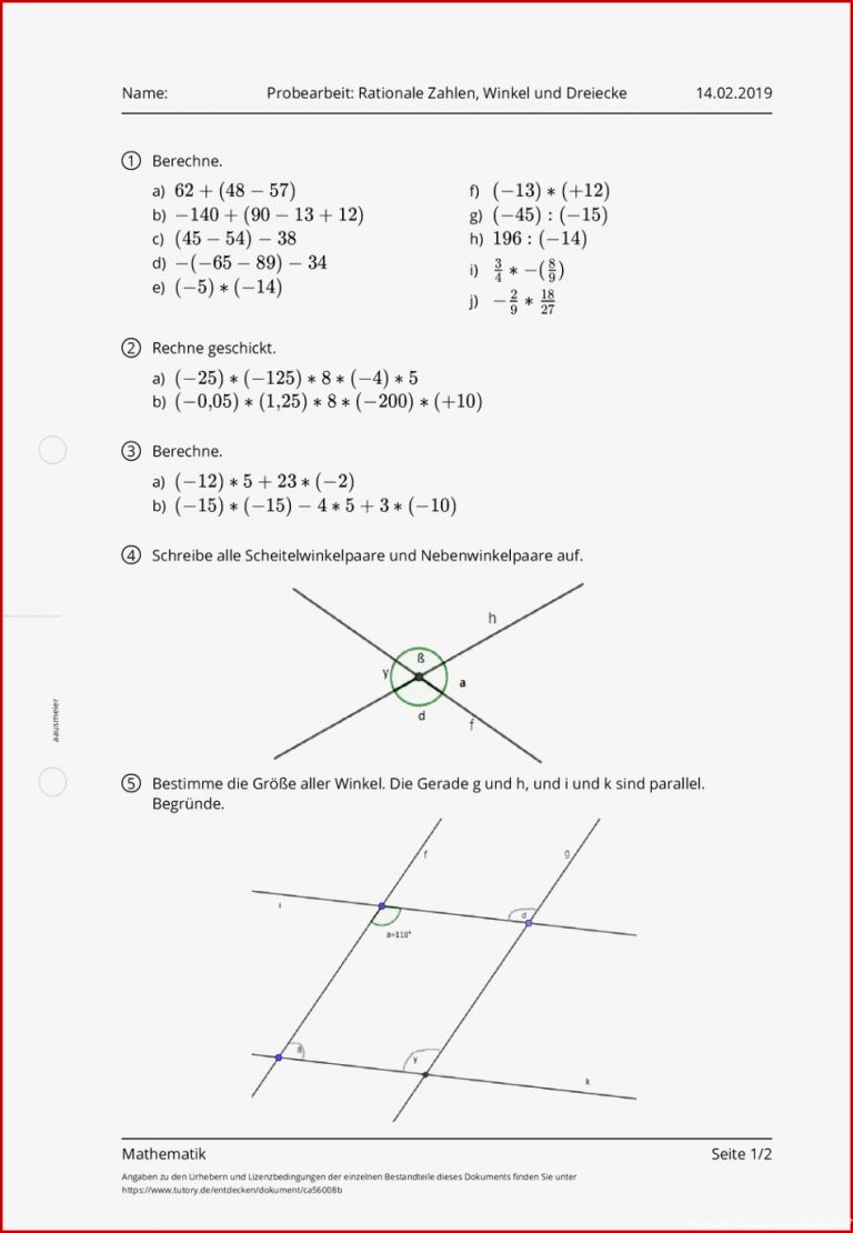 Arbeitsblatt Probearbeit Rationale Zahlen Winkel Und