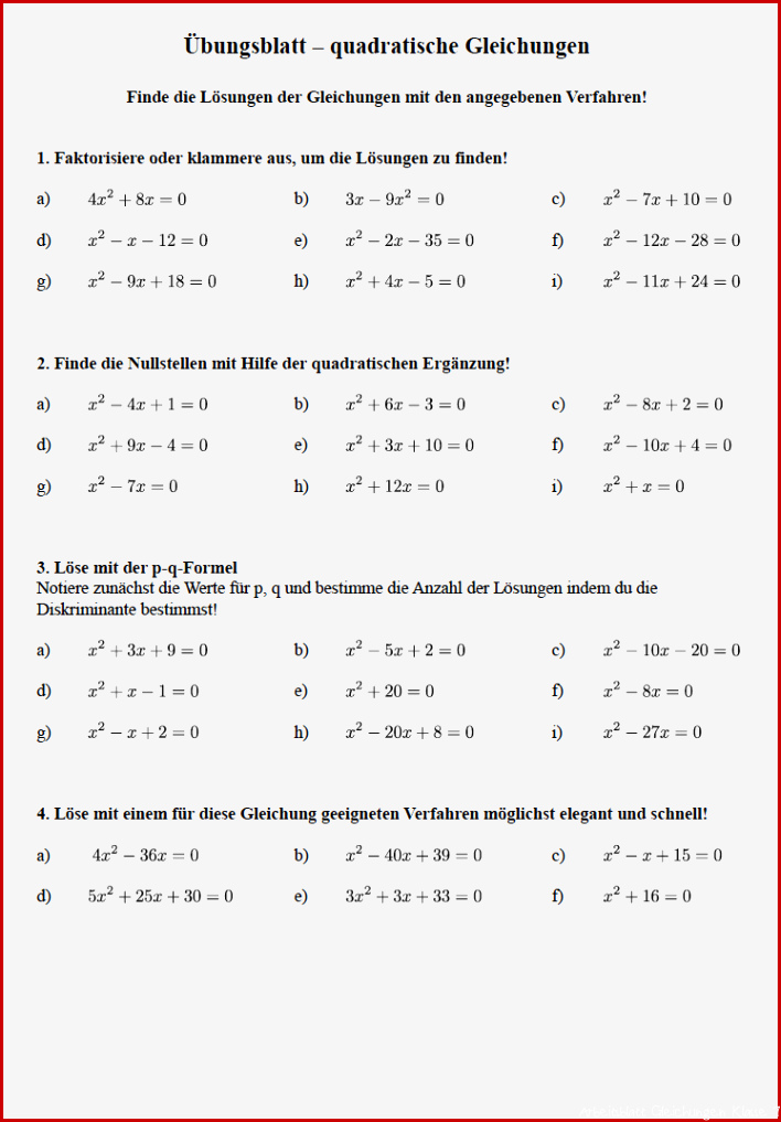 Arbeitsblatt quadatische Gleichungen mit ausführlichen